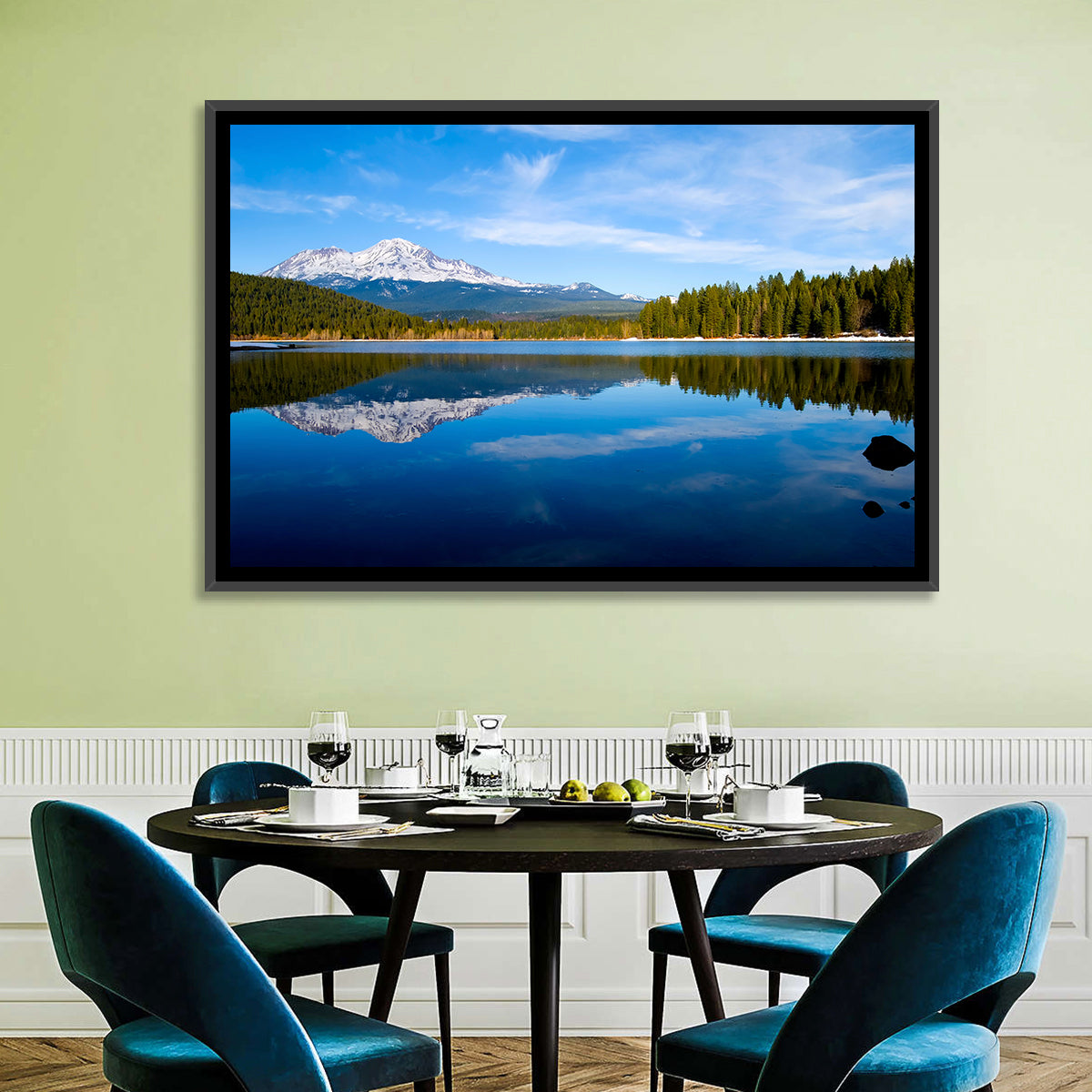 Northern California Snow Capped Lake Wall Art in a room, landscape