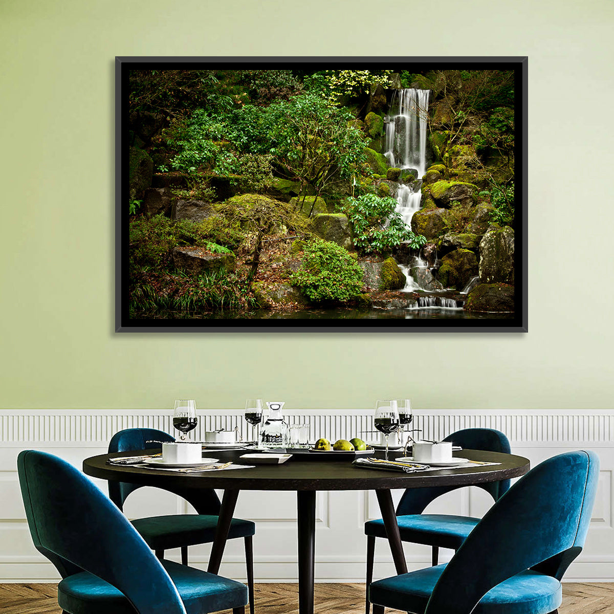 Secluded Mossy Waterfall Wall Art in a room, landscape
