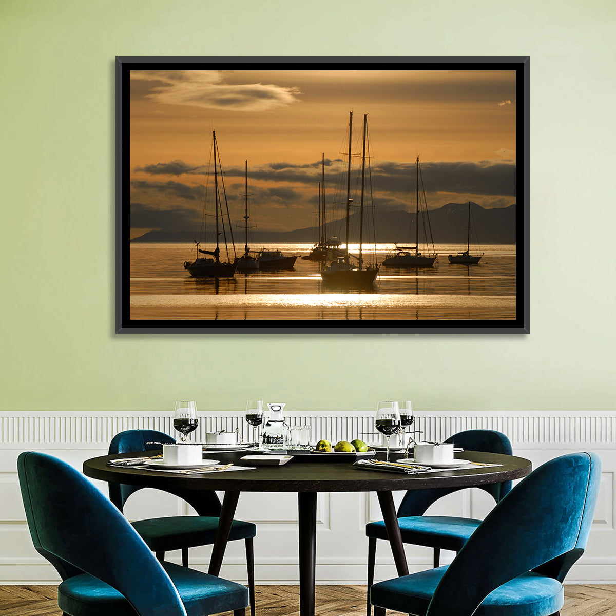 Sailboats at Sunrise Wall Art in a room, landscape