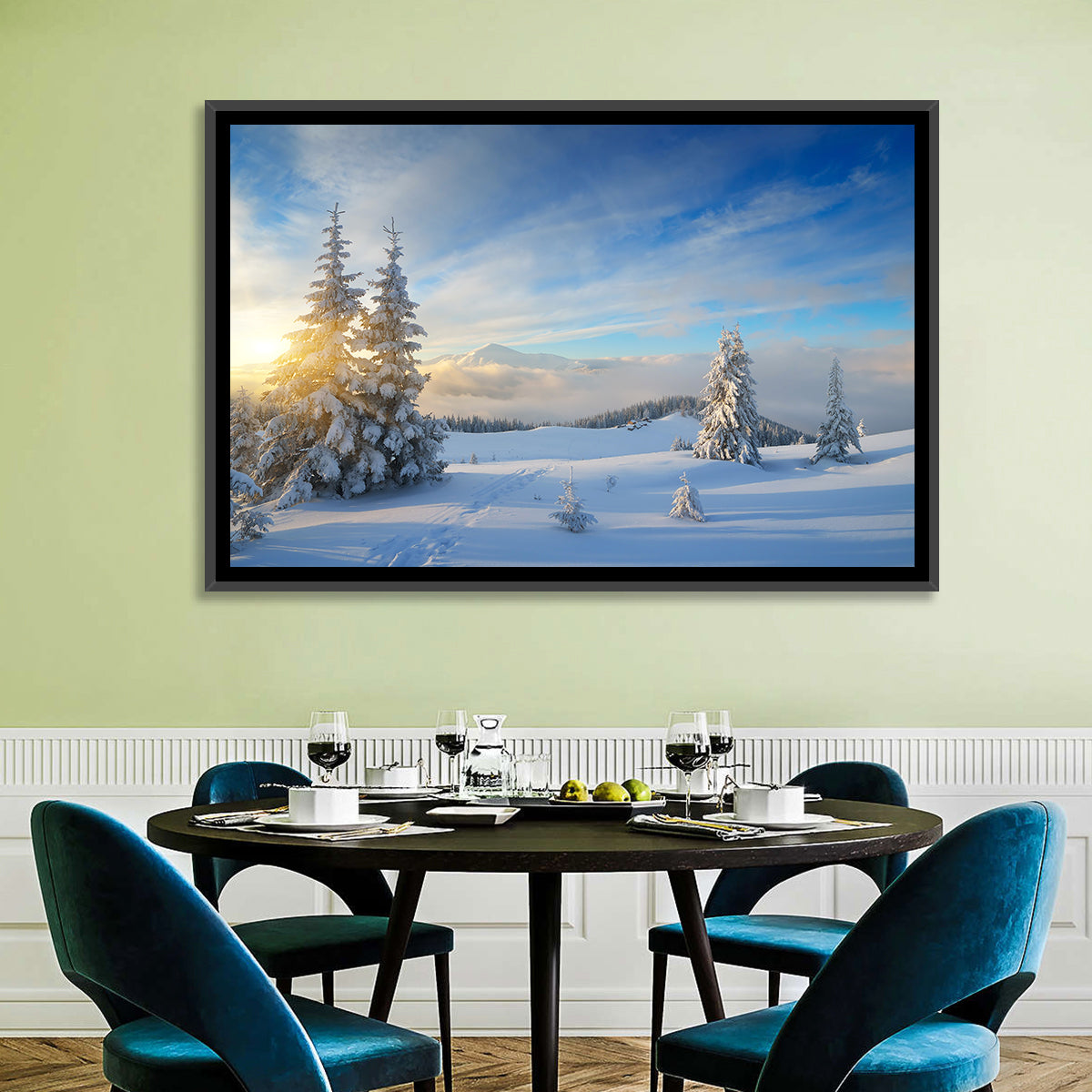 Carpathian Winter Sunrise Wall Art in a room, landscape