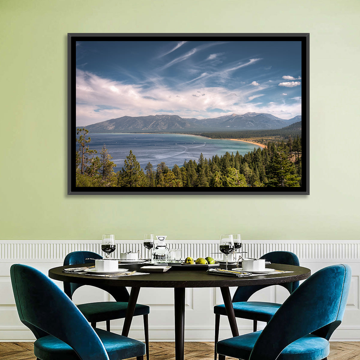 Pines Above a Blue Lake Wall Art in a room, landscape