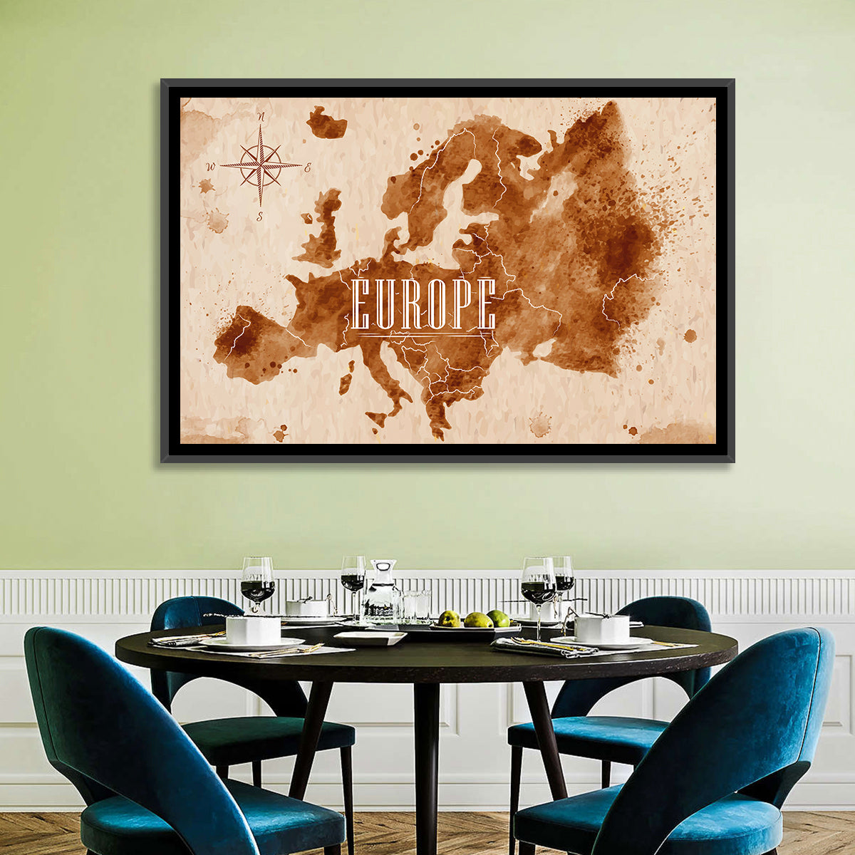 Retro Europe Map Wall Art in a room, landscape
