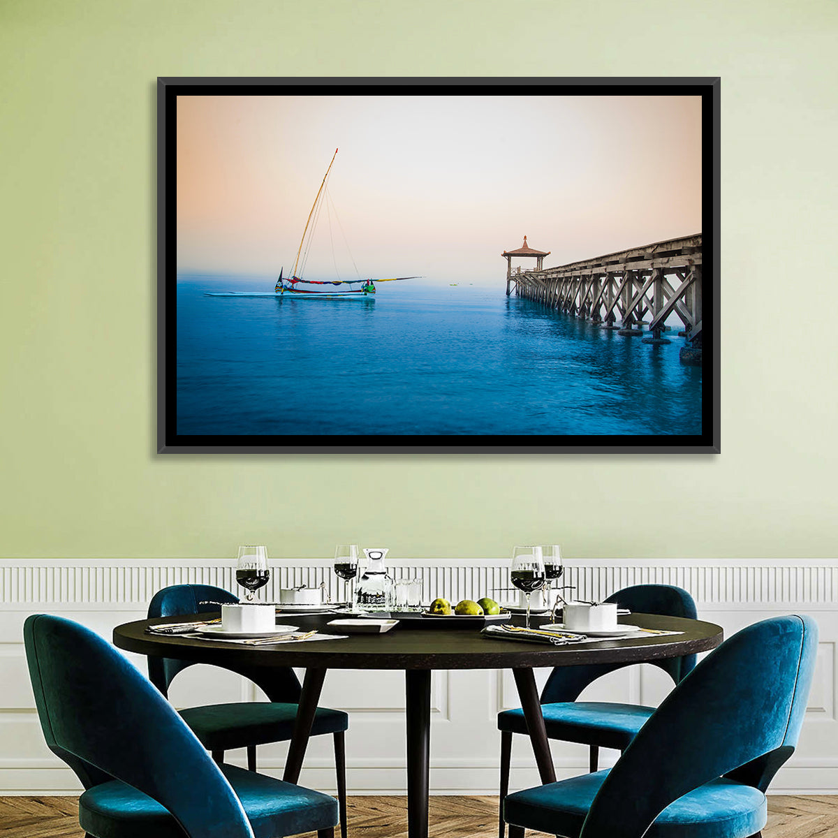 Outrigger Boat and Pier Wall Art in a room, landscape