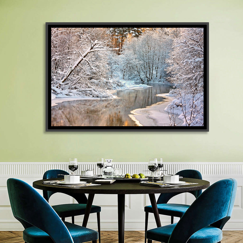 Snow-covered Stream at Golden Hour Wall Art