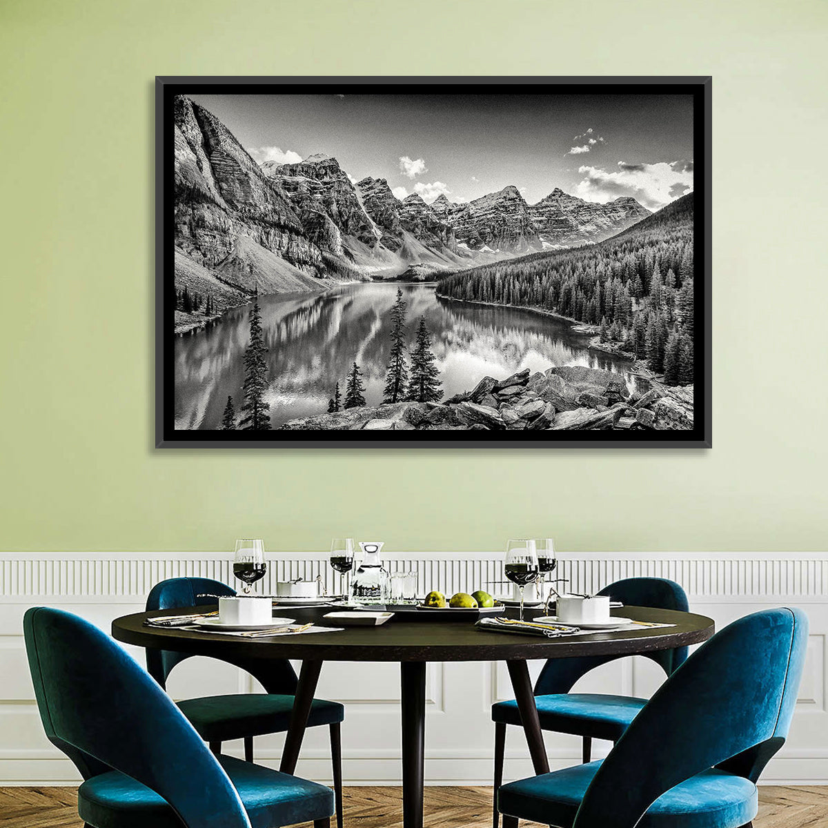 Moraine Lake Monochrome Mountain Landscape Wall Art in a room, landscape