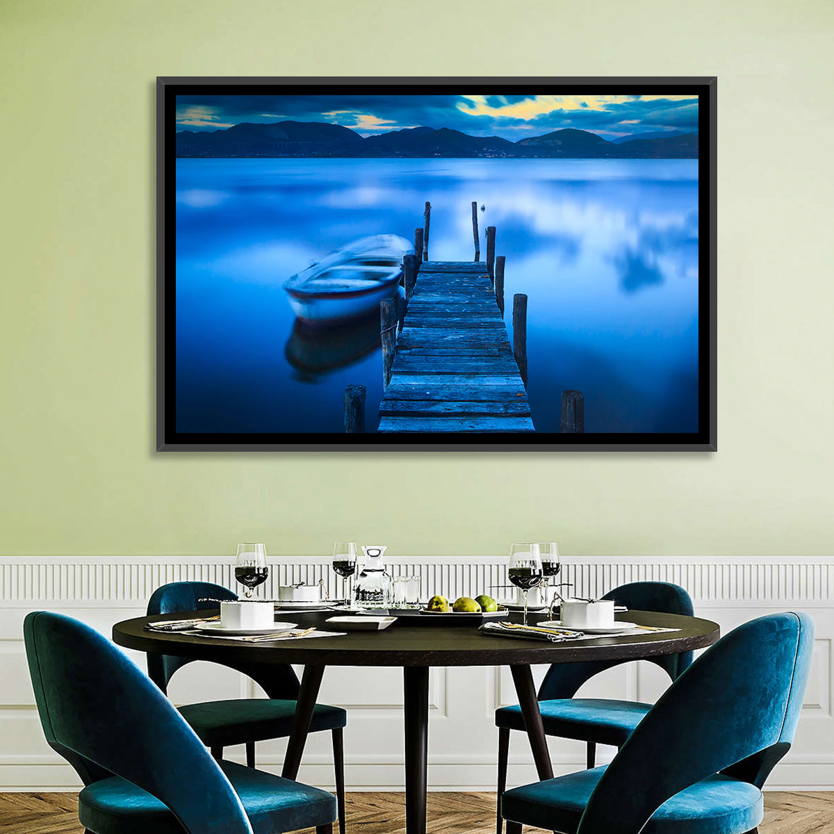 Boat and Wooden Pier Wall Art in a room, landscape