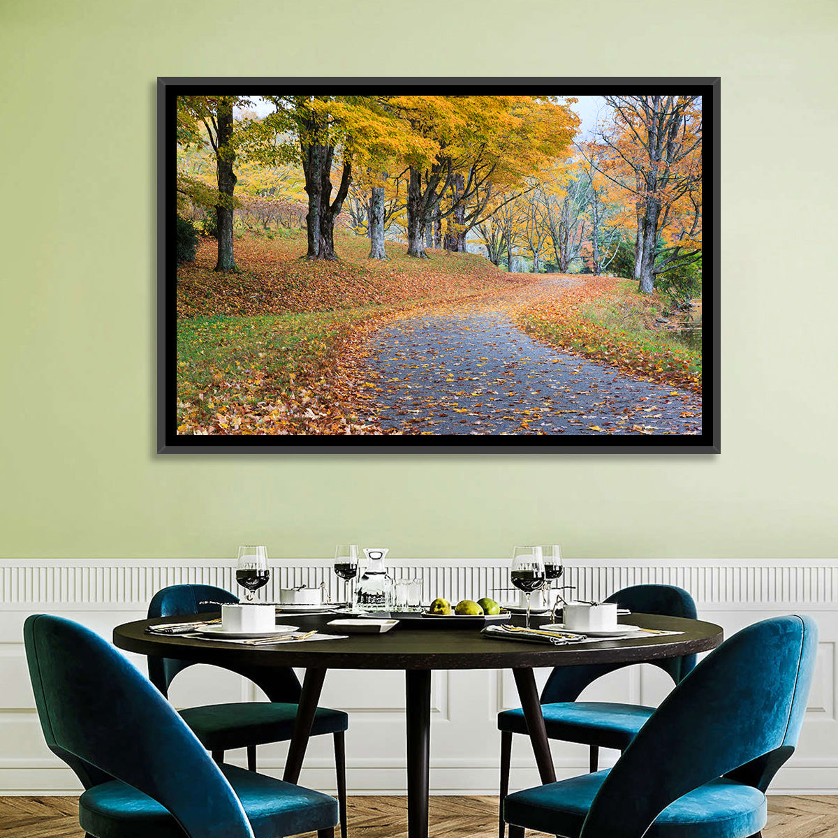 Autumn Road with Golden Canopy Wall Art in a room, landscape