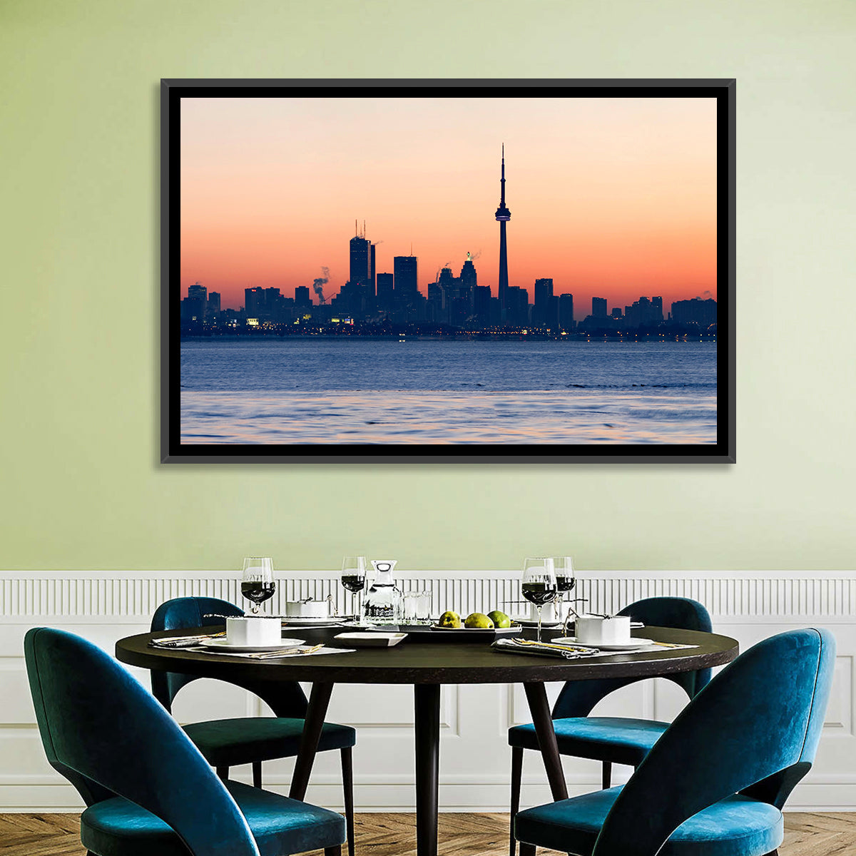 Toronto Dusk Skyline with Cn Tower Wall Art in a room, landscape