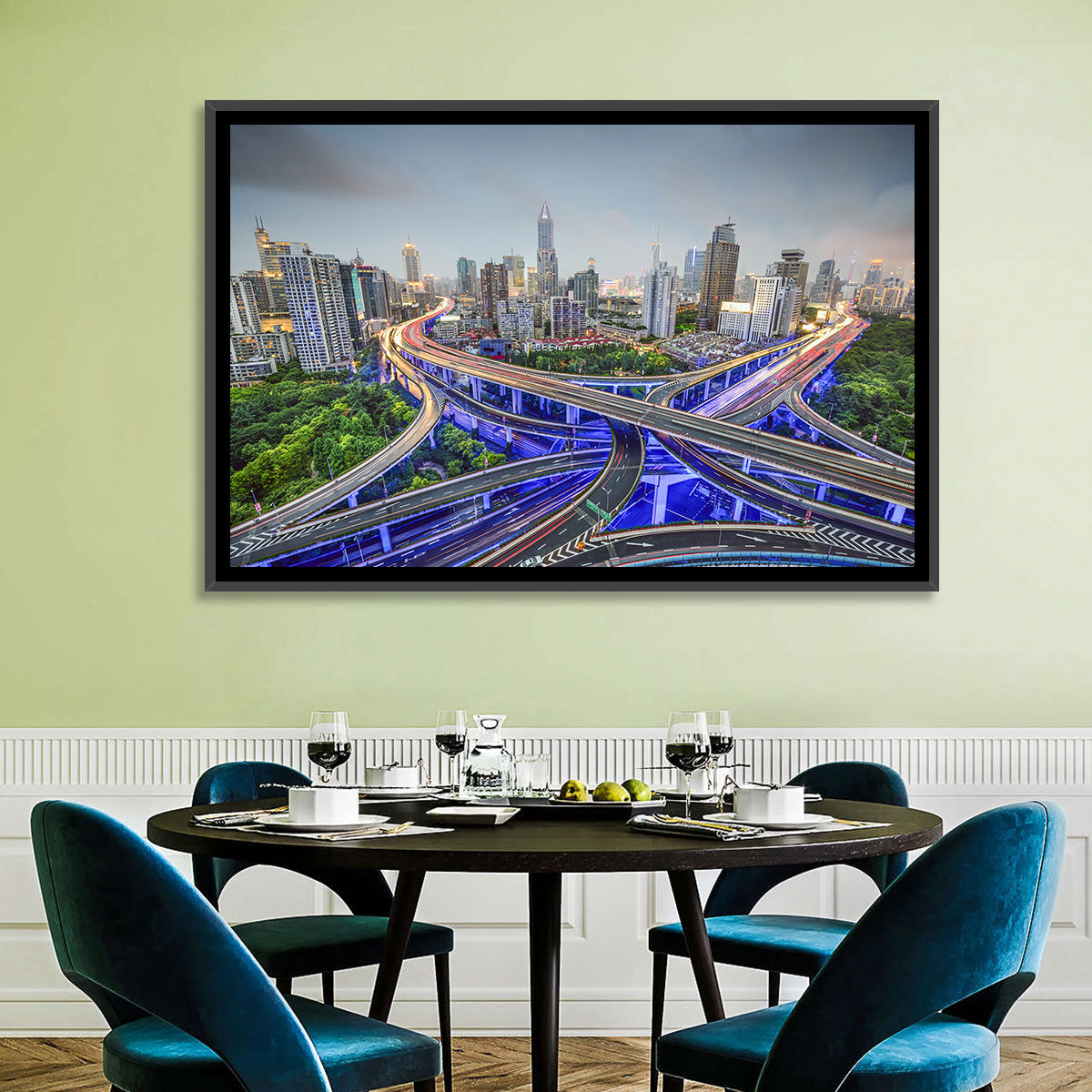 Shanghai Dusk Interchange Cityscape Wall Art in a room, landscape