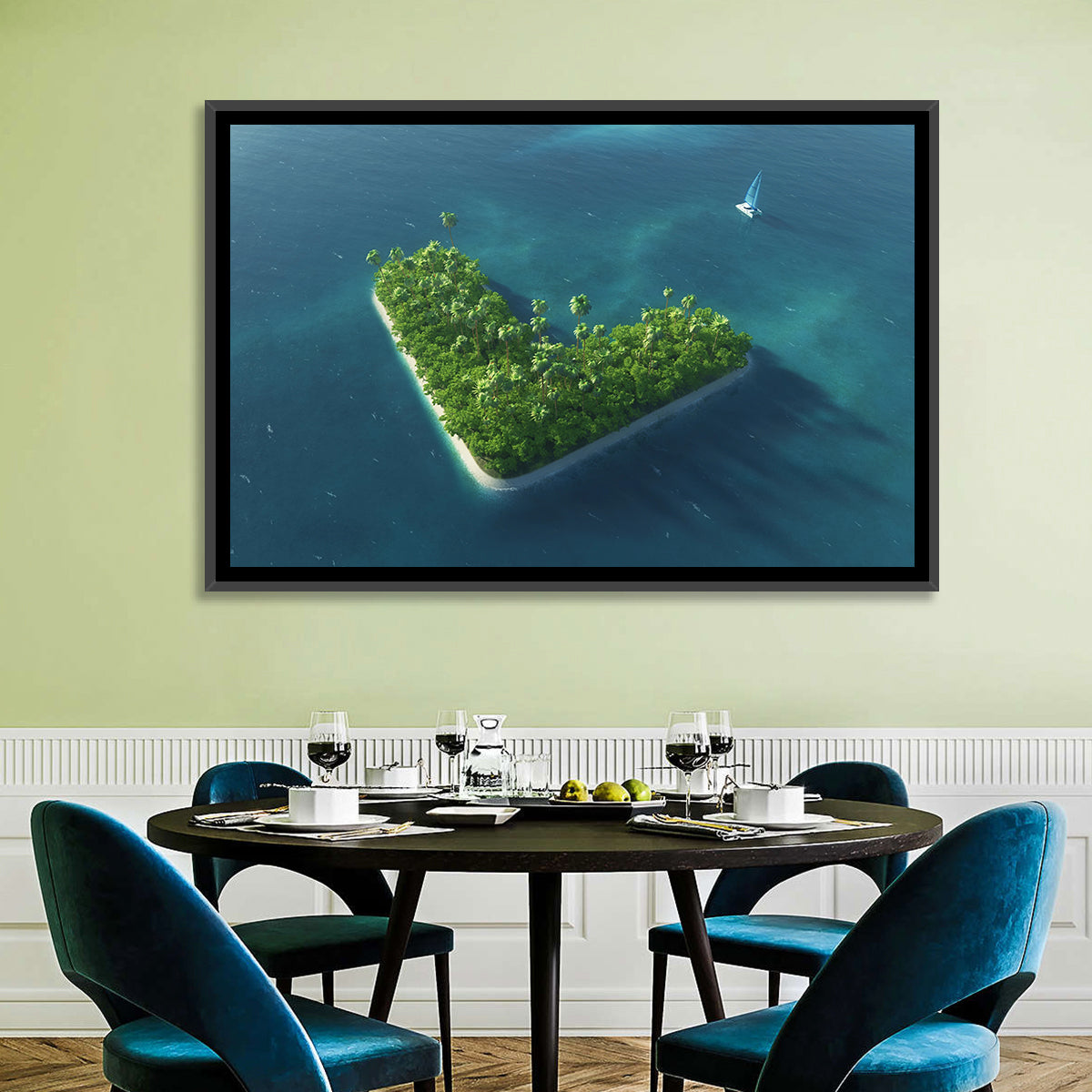 V-shaped Tropical Island with Distant Catamaran Wall Art in a room, landscape
