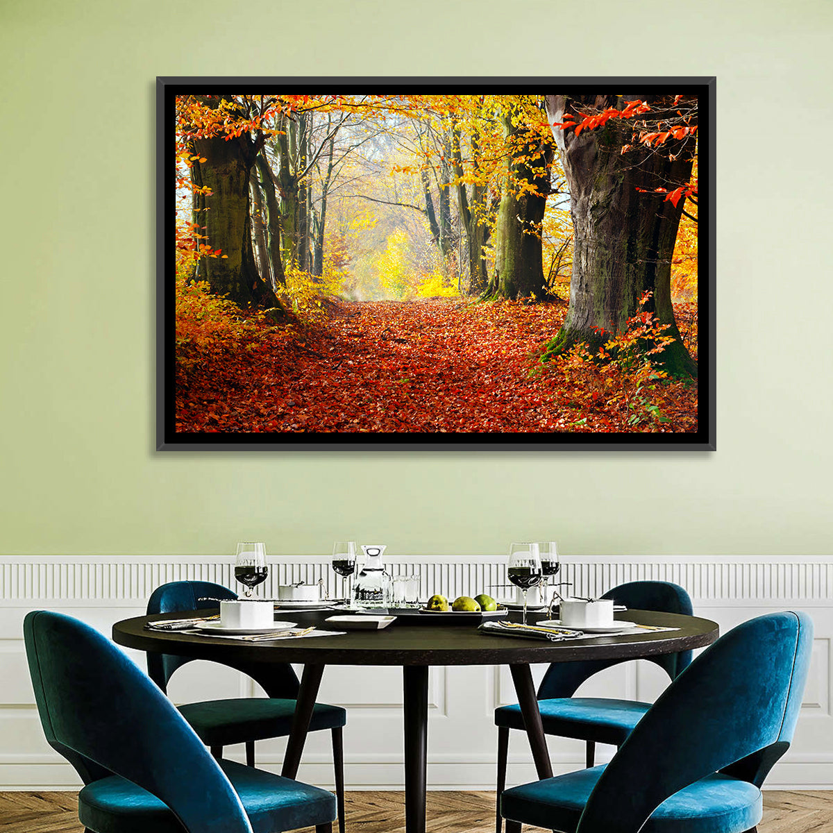 Misty Autumn Forest Path Wall Art in a room, landscape