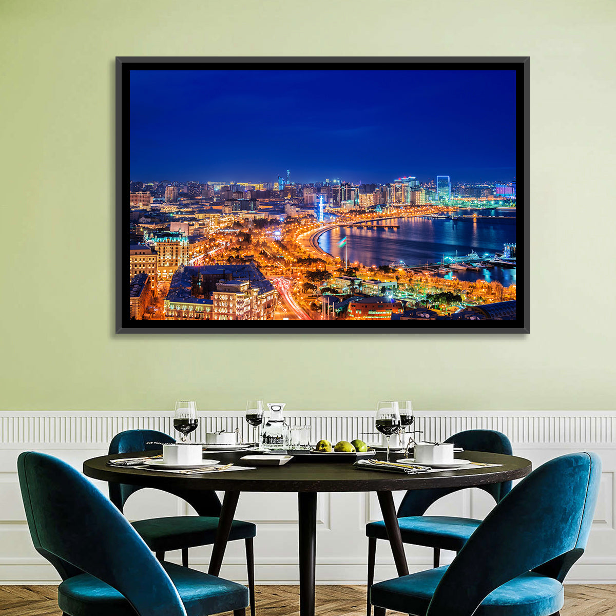 Baku Night Skyline Wall Art in a room, landscape