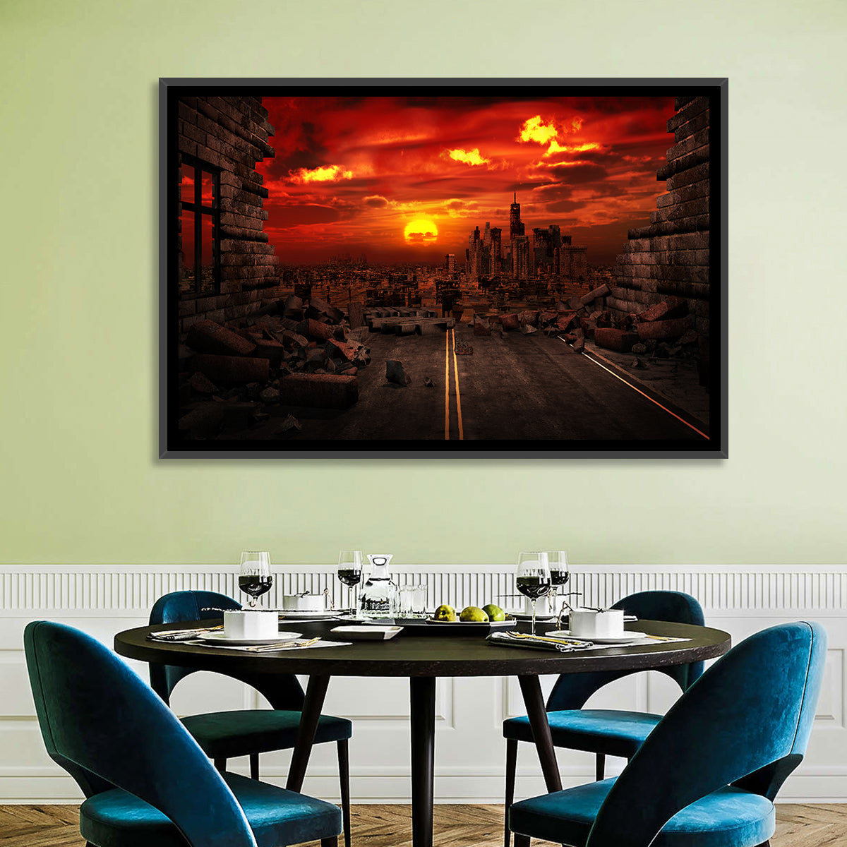 Apocalyptic Sunset Wall Art in a room, landscape