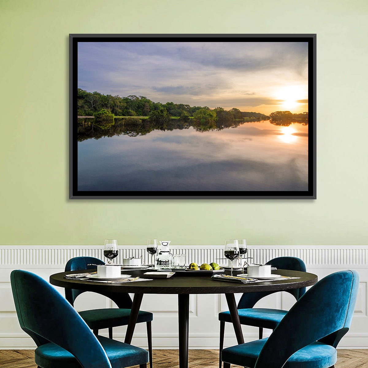 Amazon River Sunset Reflection Wall Art in a room, landscape