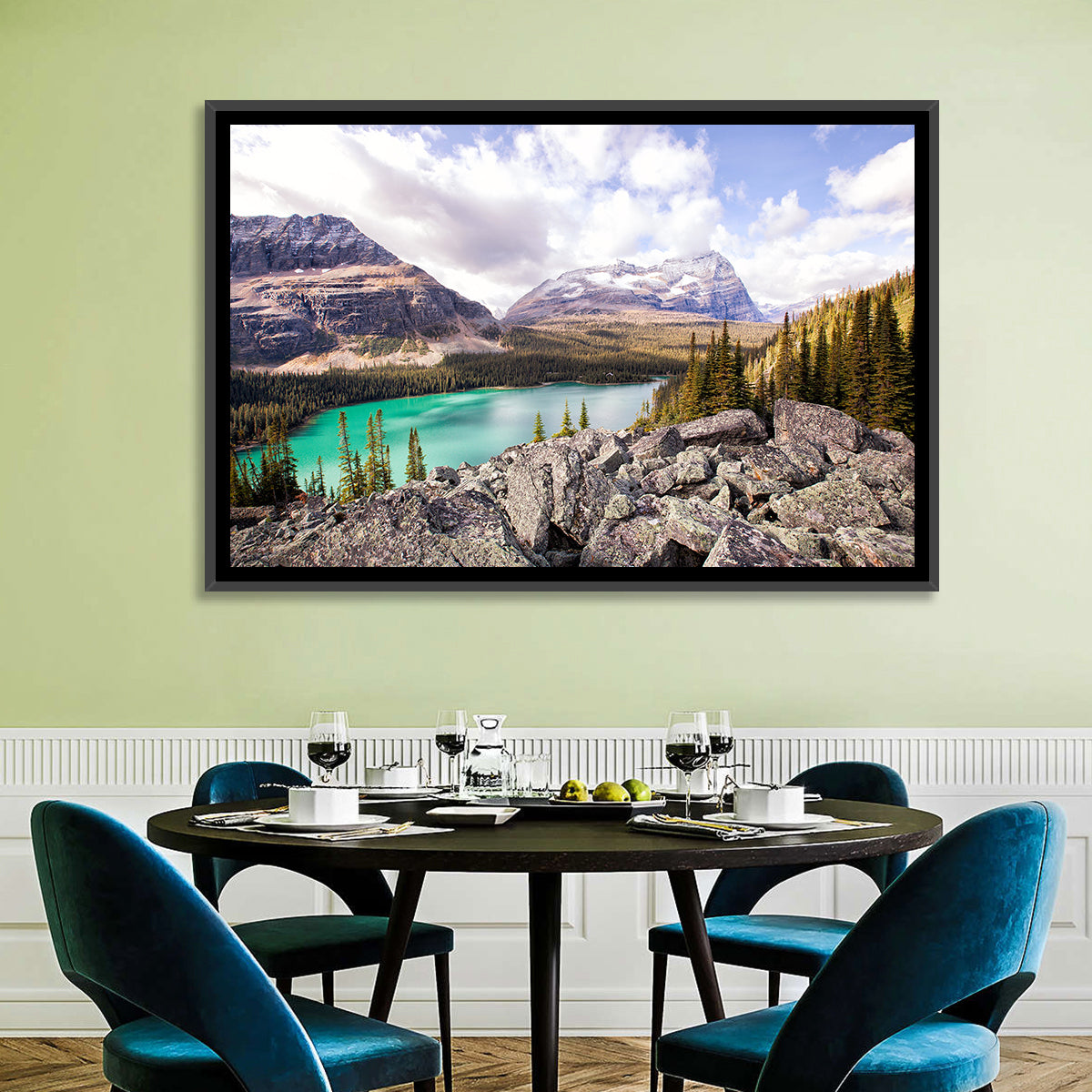Lake Ohara Rocky Shore Wall Art in a room, landscape