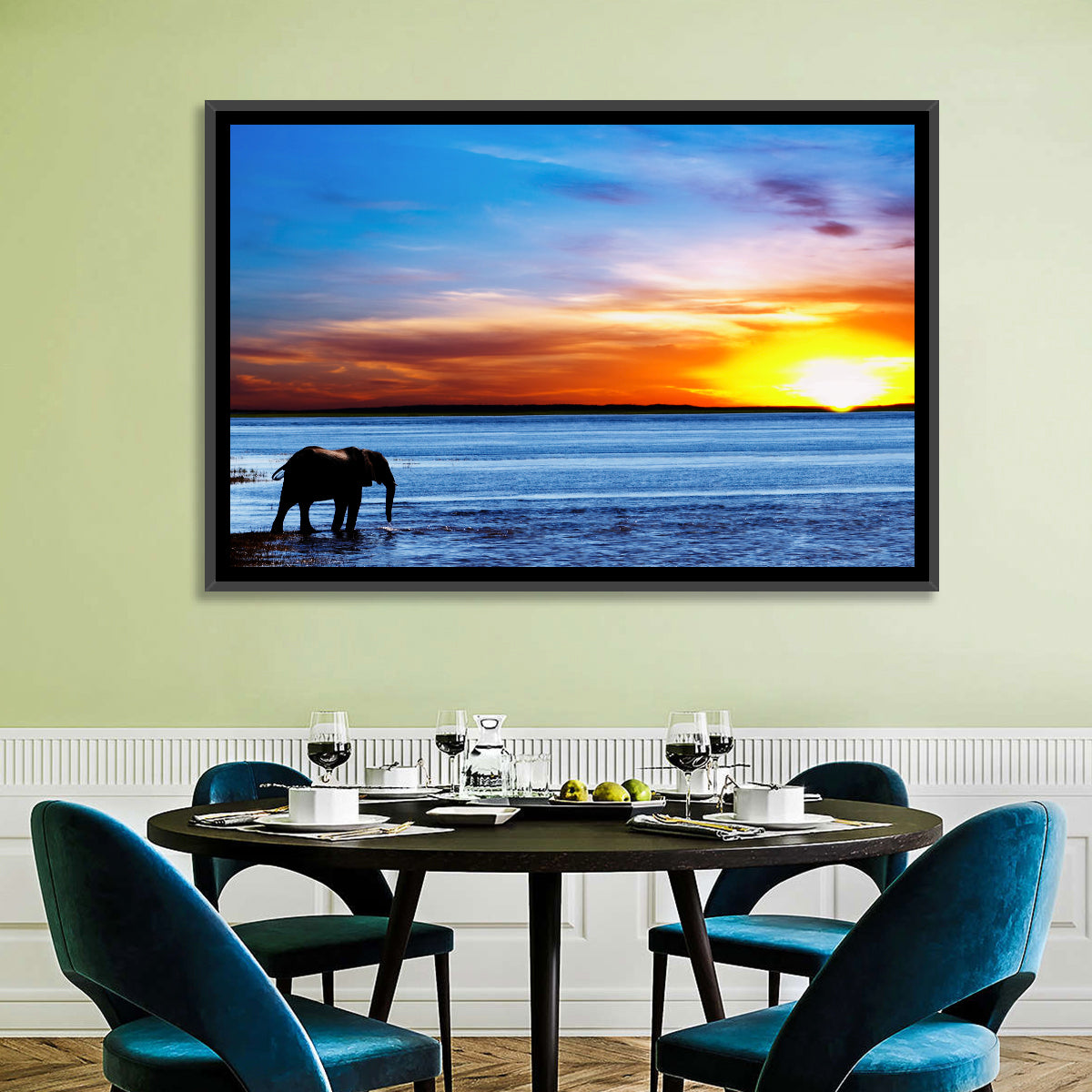 Elephant Silhouette at Beach Sunset Wall Art in a room, landscape