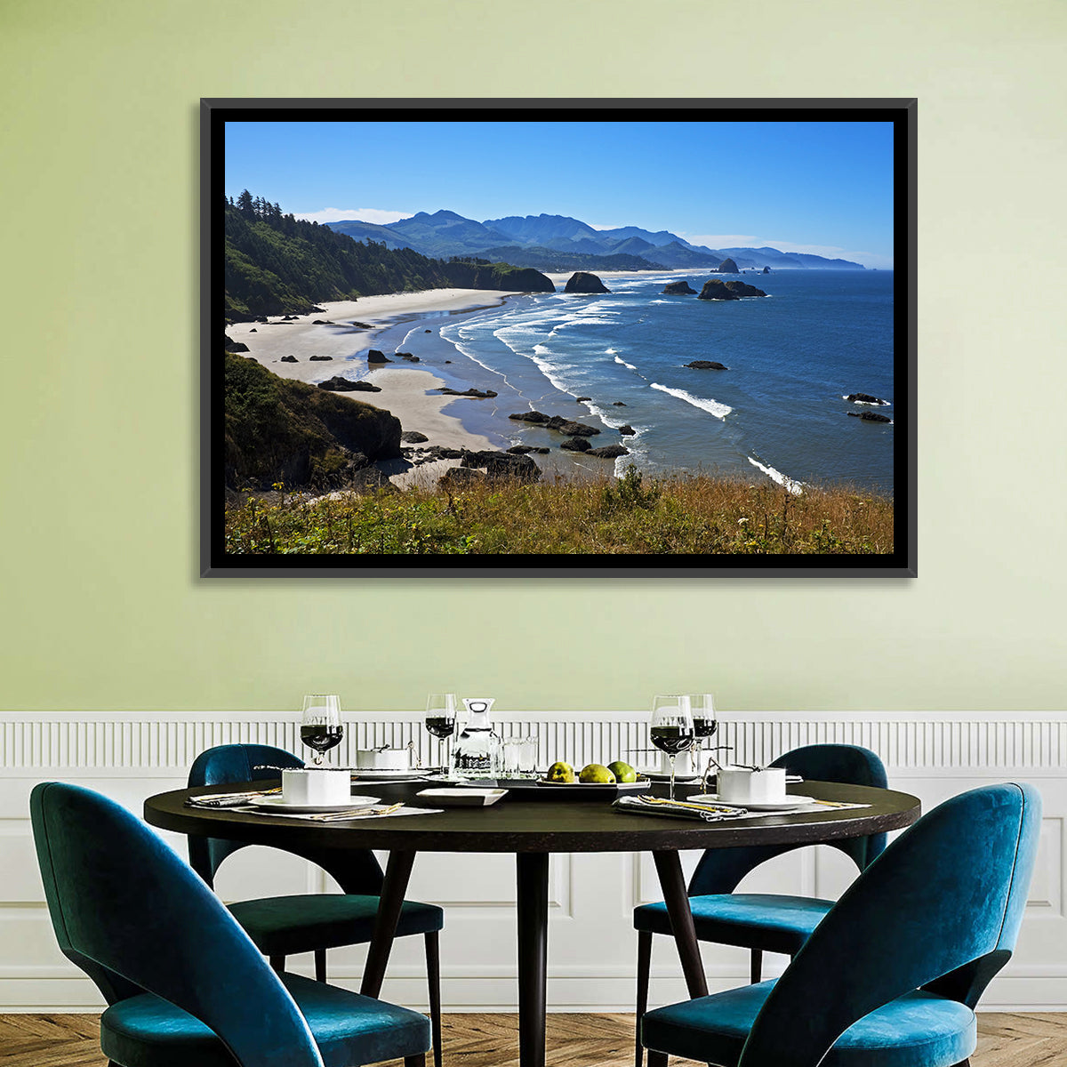 Cannon Beach Morning Shoreline Wall Art in a room, landscape