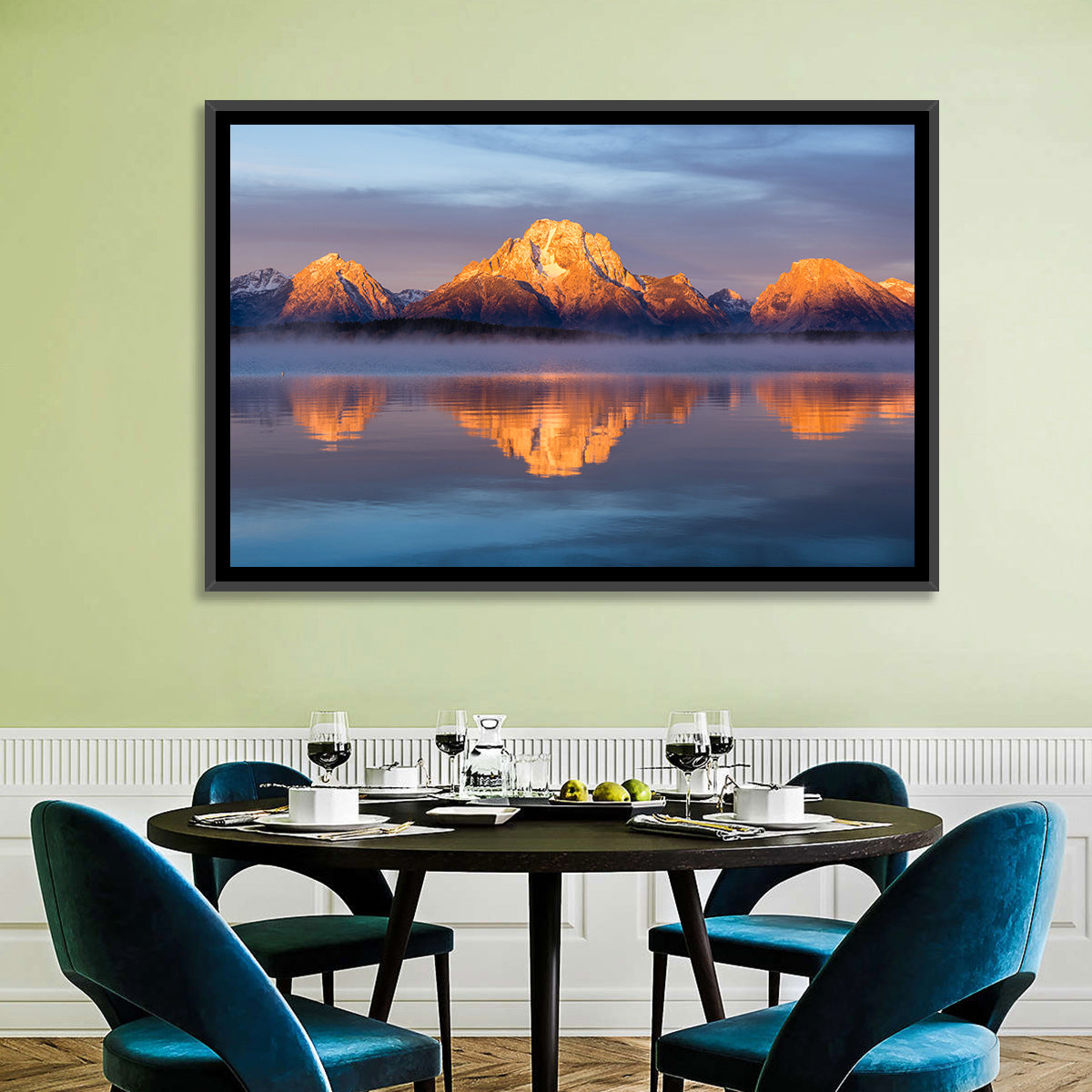 Mount Moran Sunrise Over Jackson Lake Wall Art in a room, landscape