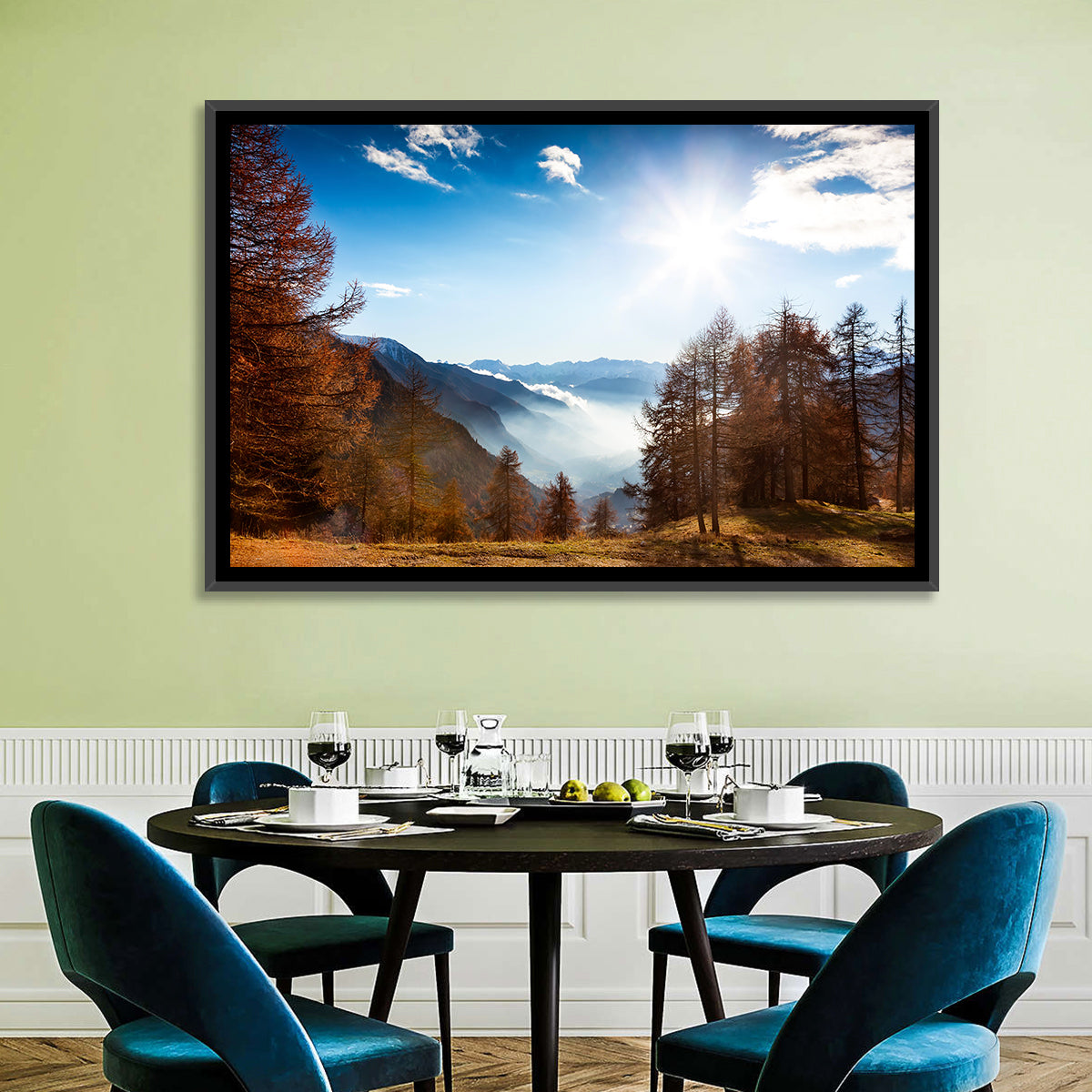 Val D Aosta Valley Morning Light Wall Art in a room, landscape