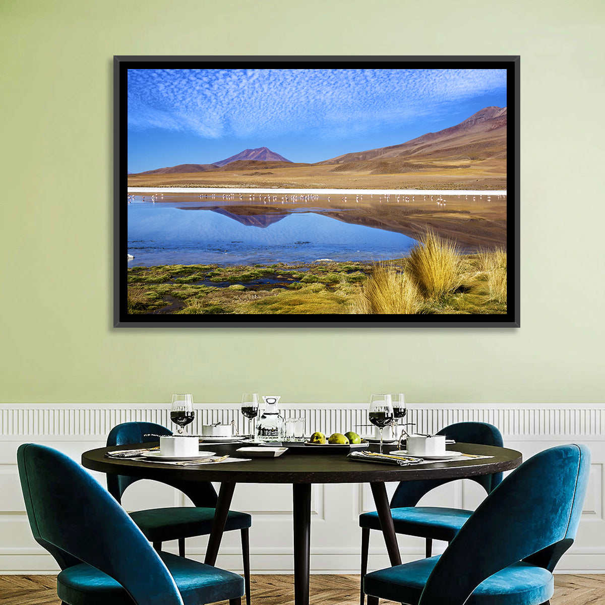 Red Lagoon Flamingo Reflection Wall Art in a room, landscape