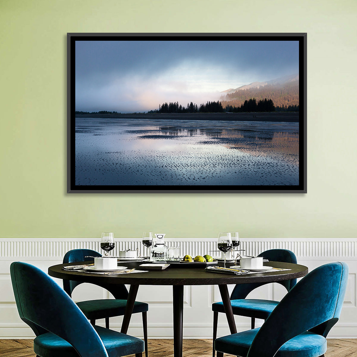 Lake Clark Foggy Shoreline Wall Art in a room, landscape