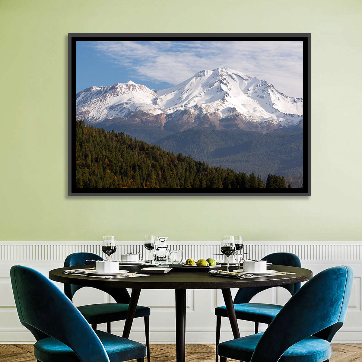 Mount Shasta Snow Peaks Wall Art in a room, landscape