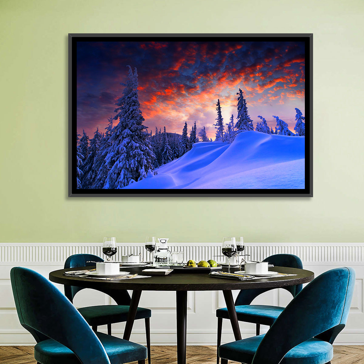 Snow-covered Mountain Sunset Wall Art in a room, landscape