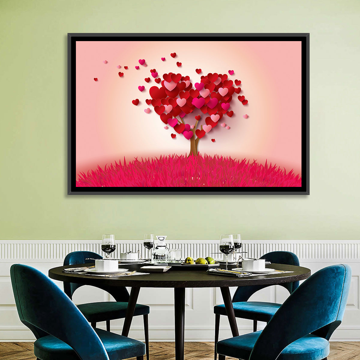 Whimsical Heart Tree Illustration Wall Art in a room, landscape