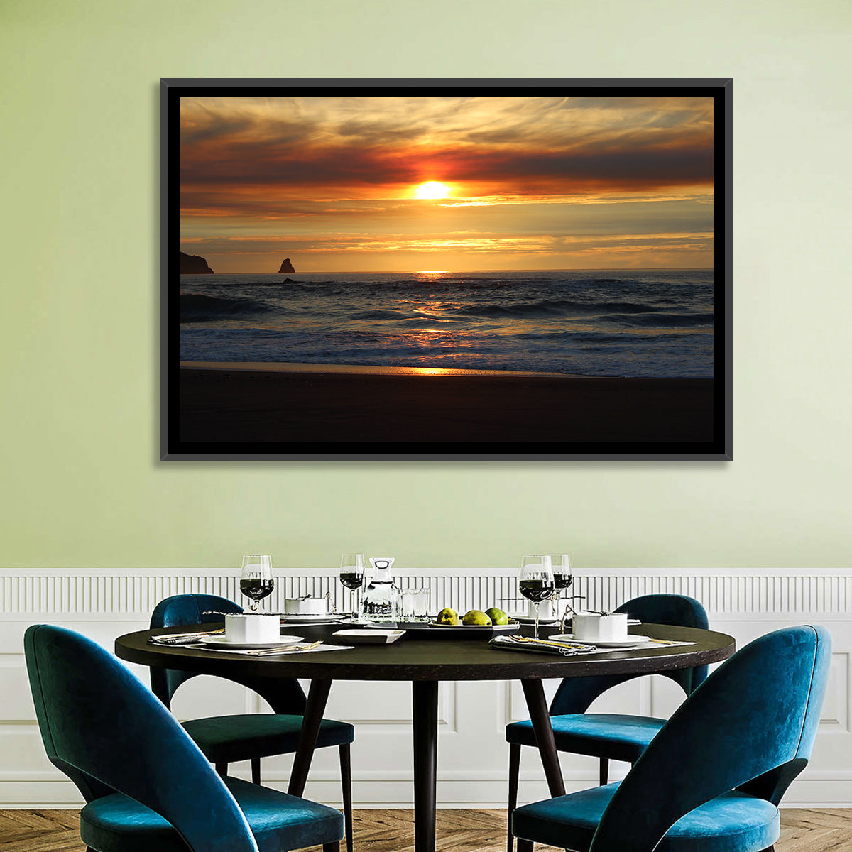 Oregon Sea Stack Sunset Wall Art in a room, landscape