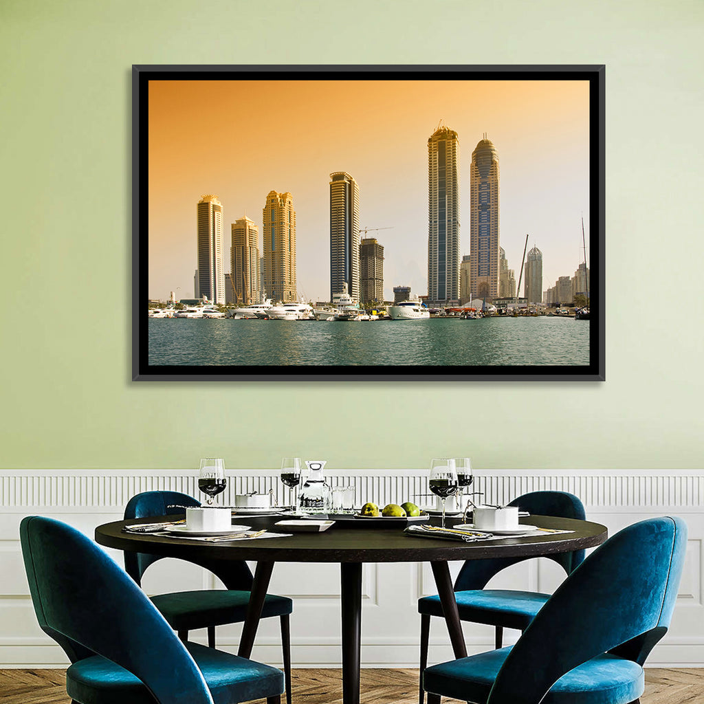 Dubai Marina Sunset Skyline with Yachts Wall Art