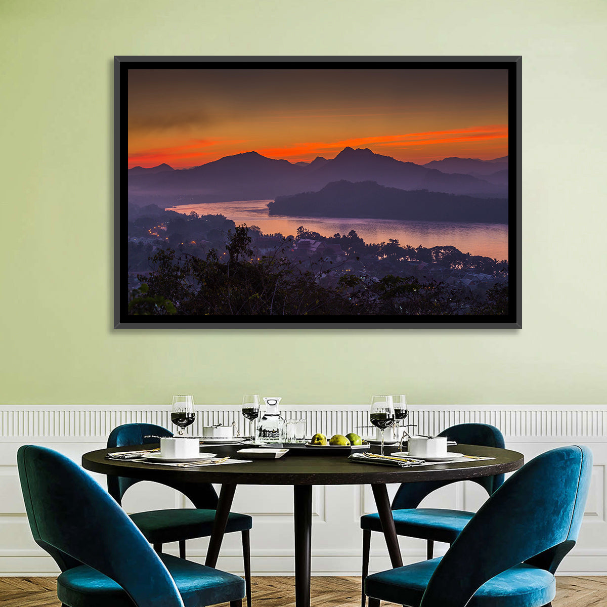 Luang Prabang Sunset Over Mekong Wall Art in a room, landscape