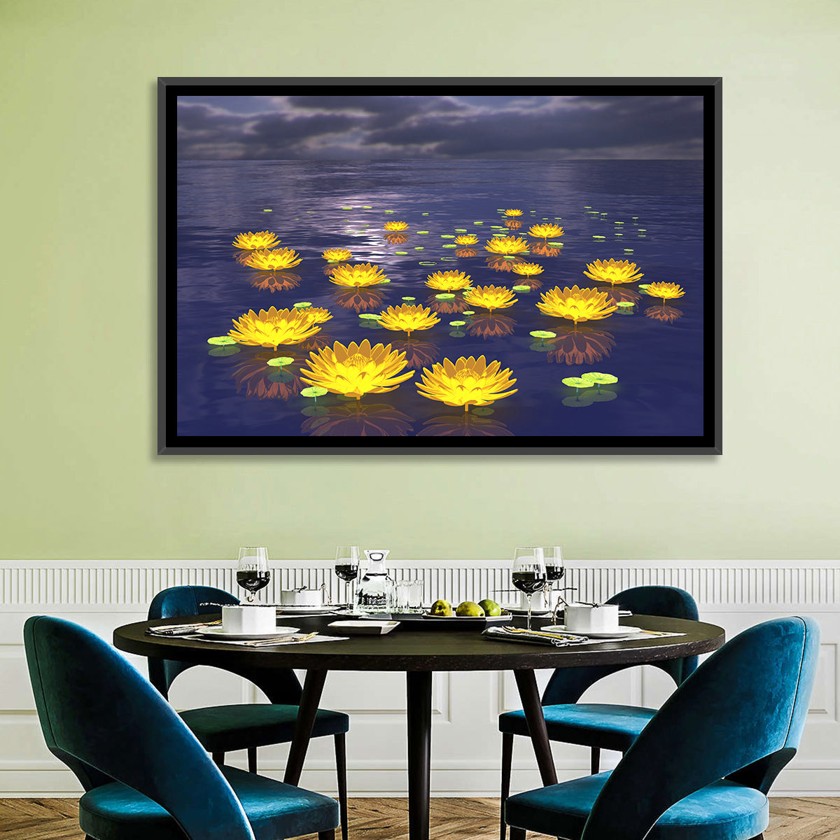Floating Lotus at Dusk Wall Art in a room, landscape