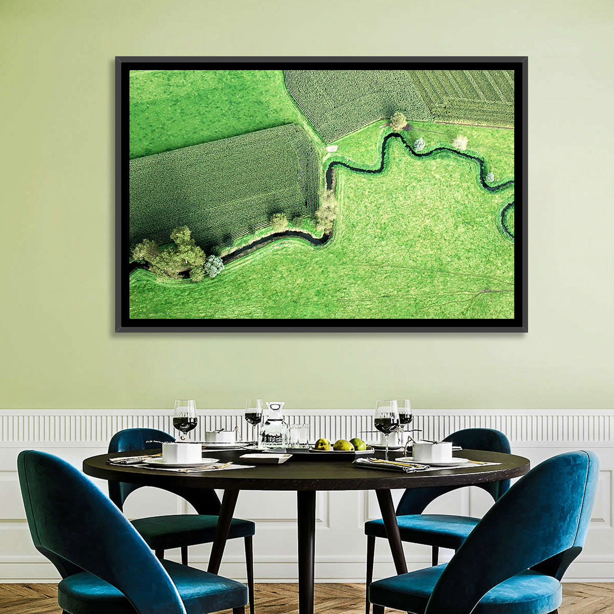 Meandering Stream Over Farmland Wall Art in a room, landscape