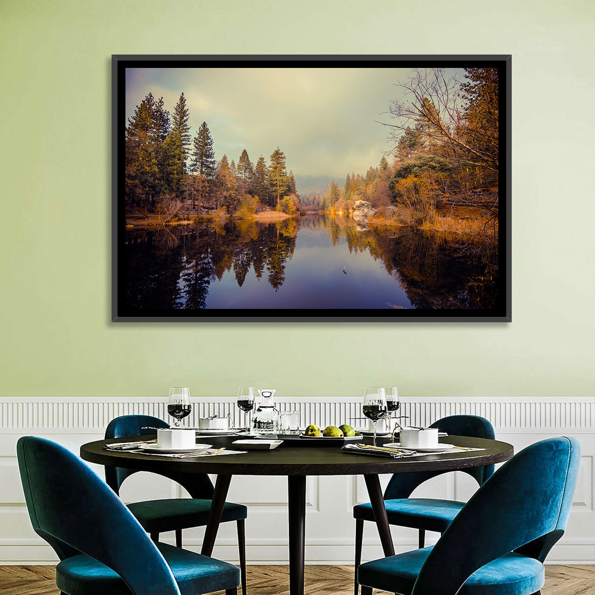 Misty Lake Fulmor Reflection Wall Art in a room, landscape