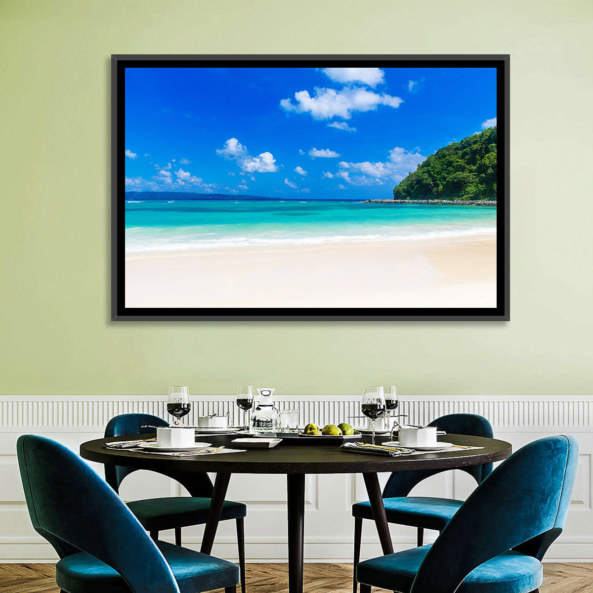 Turquoise Tropical Beach Scene Wall Art in a room, landscape