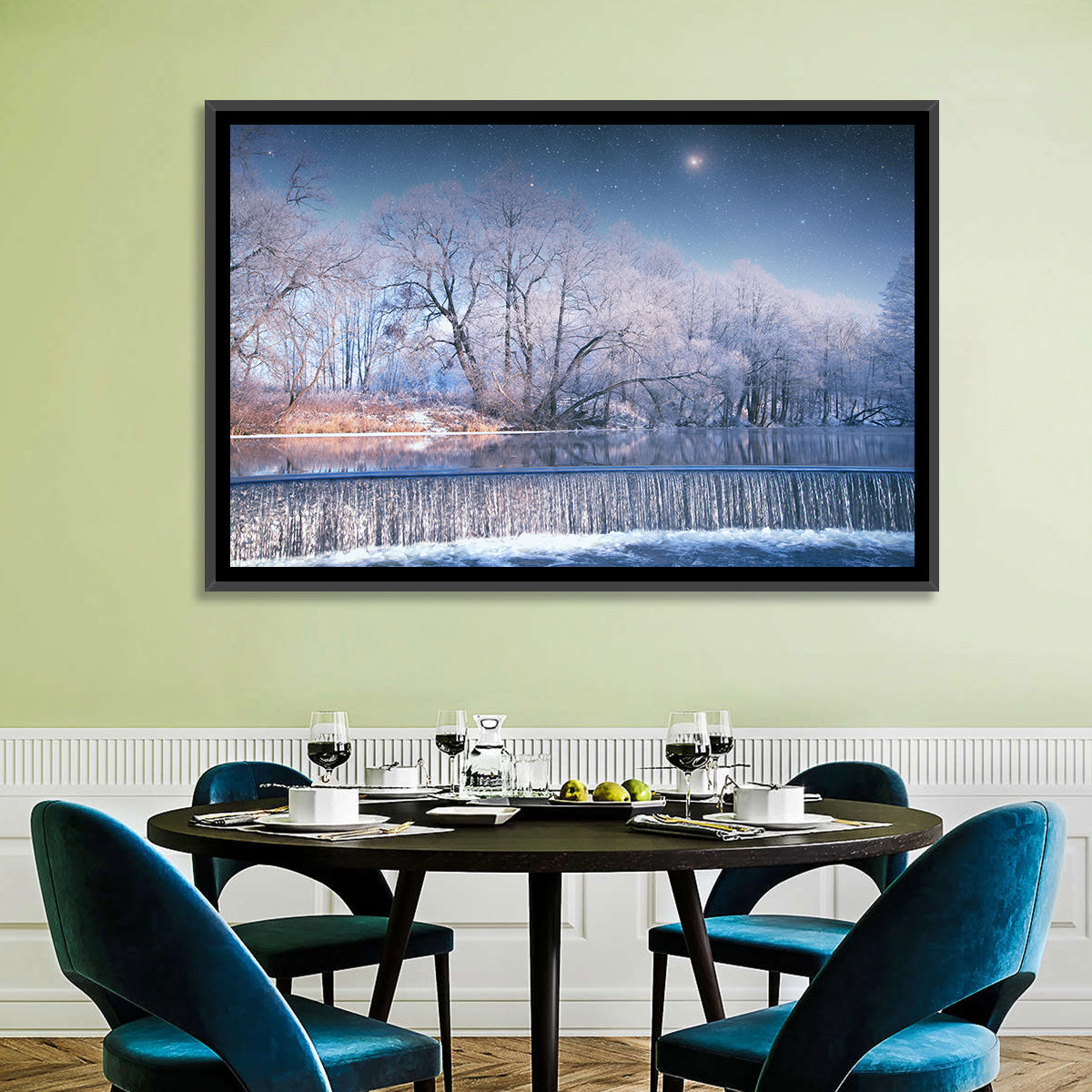 Starlit Winter Waterfall Wall Art in a room, landscape