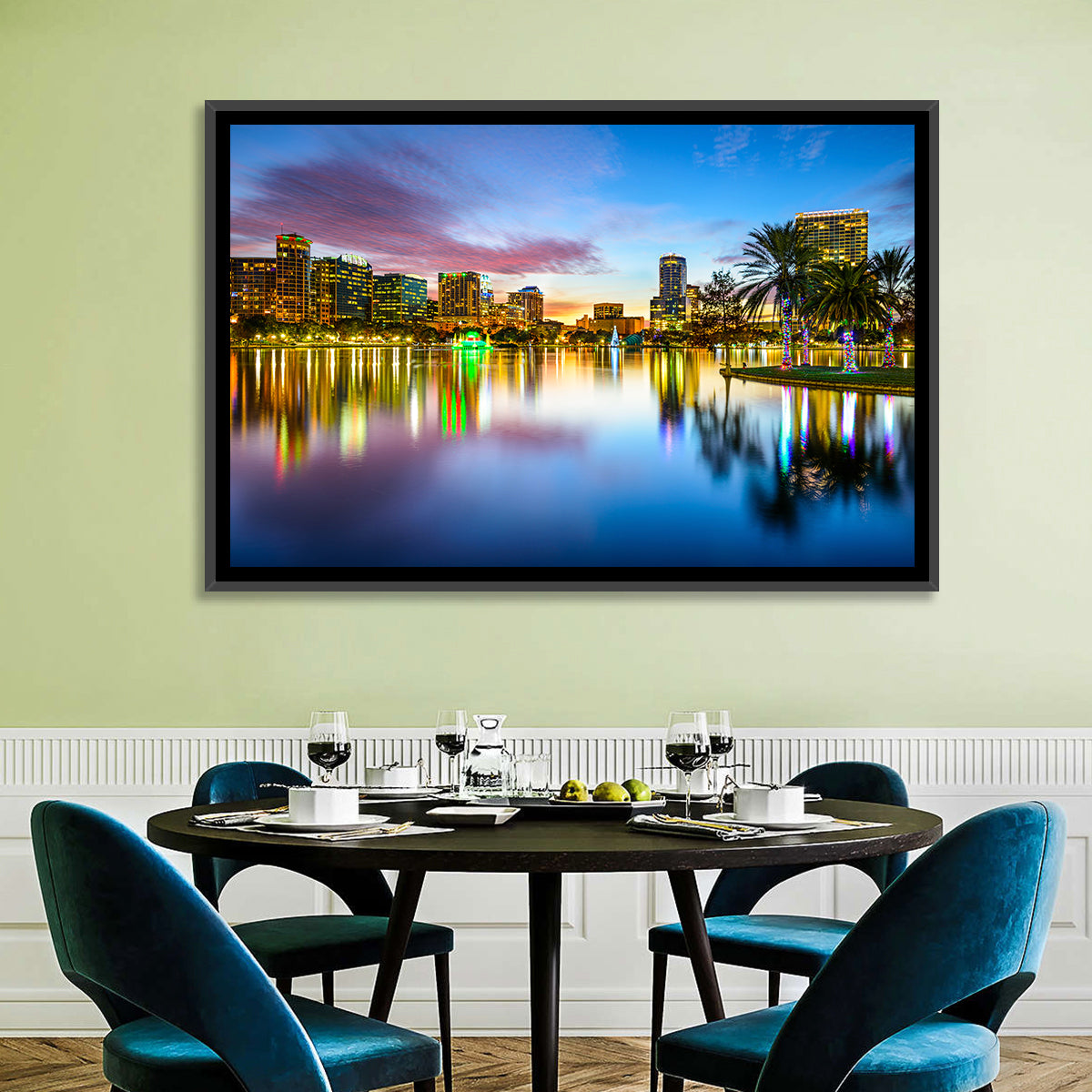 Orlando Lake Eola Skyline Wall Art in a room, landscape