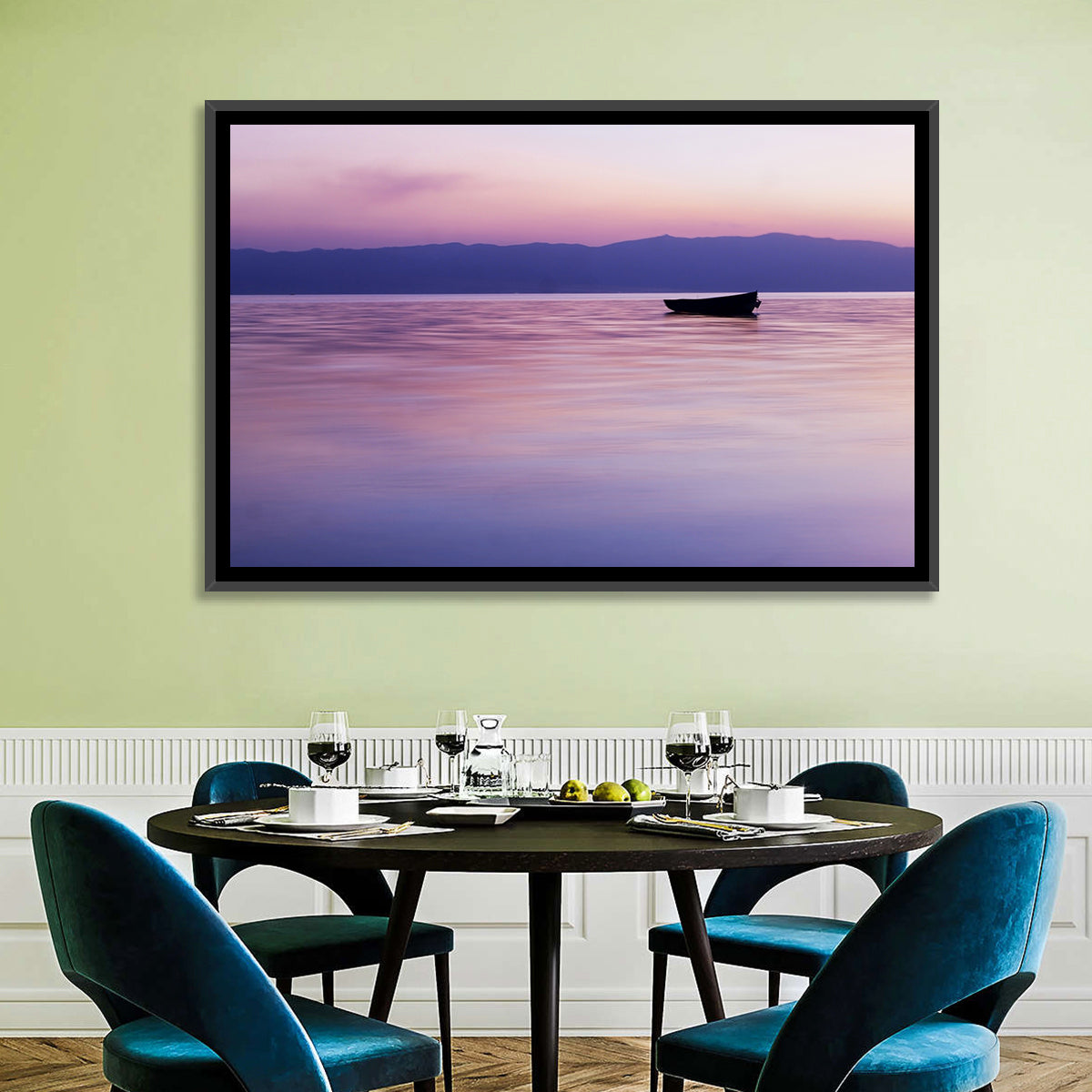 Lavender Lake Ohrid Sunset Wall Art in a room, landscape