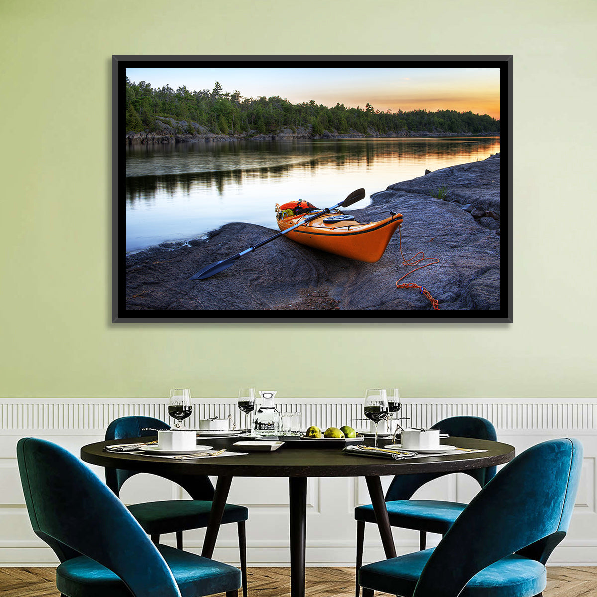 Orange Kayak on Rocky Shore Wall Art in a room, landscape
