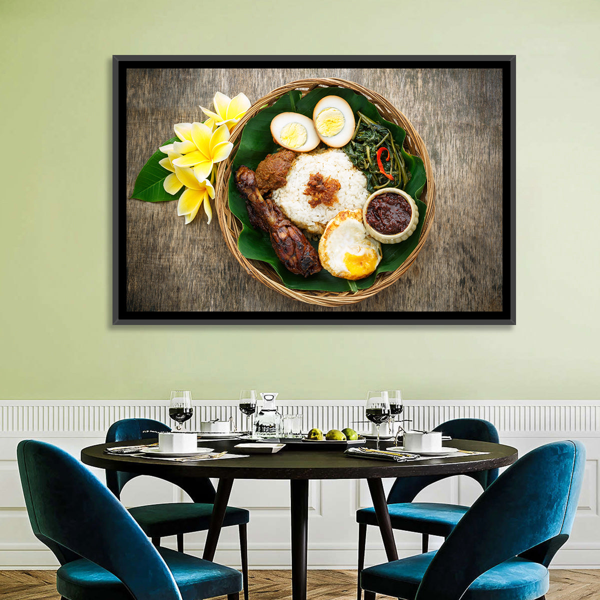 Nasi Campur in Woven Basket Wall Art in a room, landscape