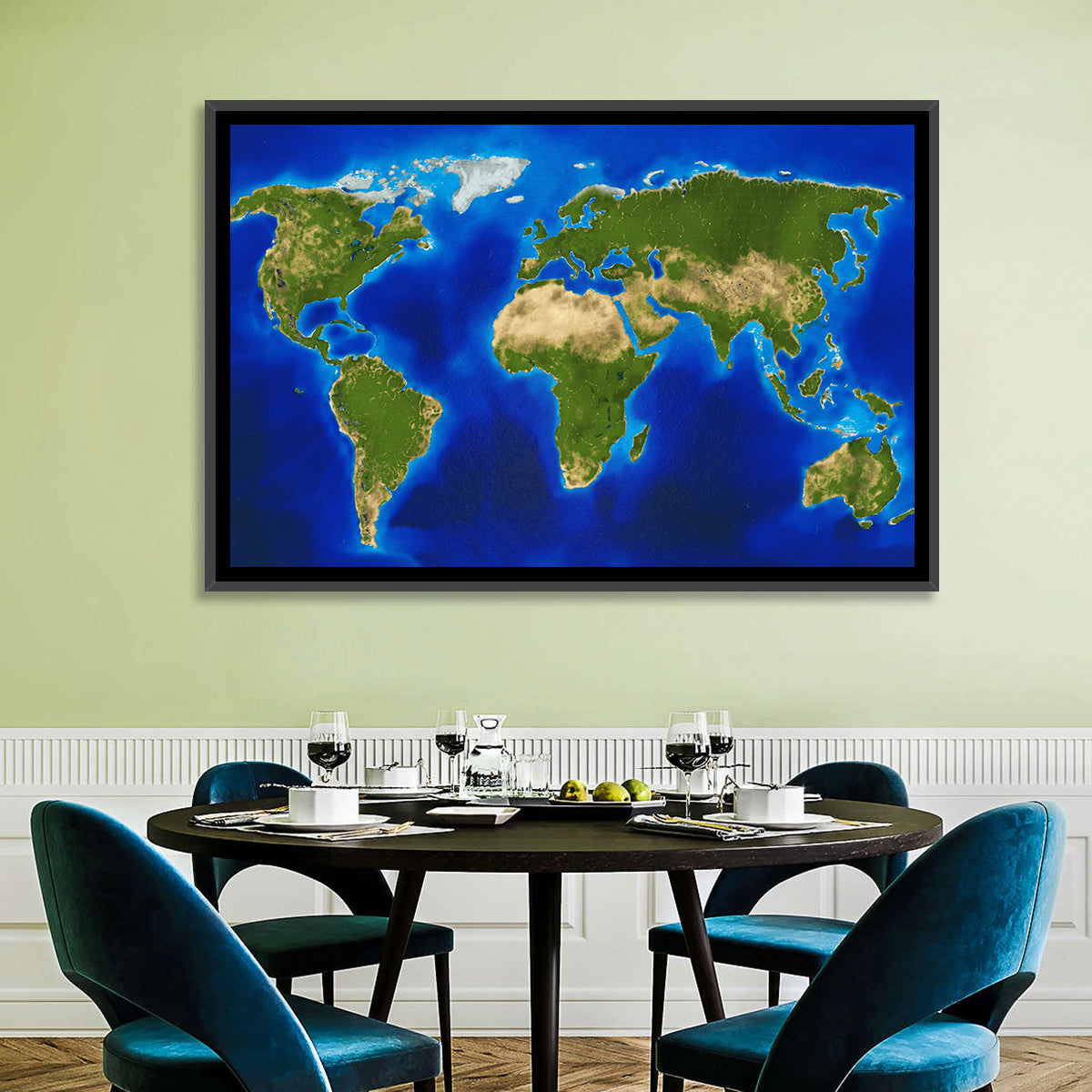 Satellite-style Blue World Map Wall Art