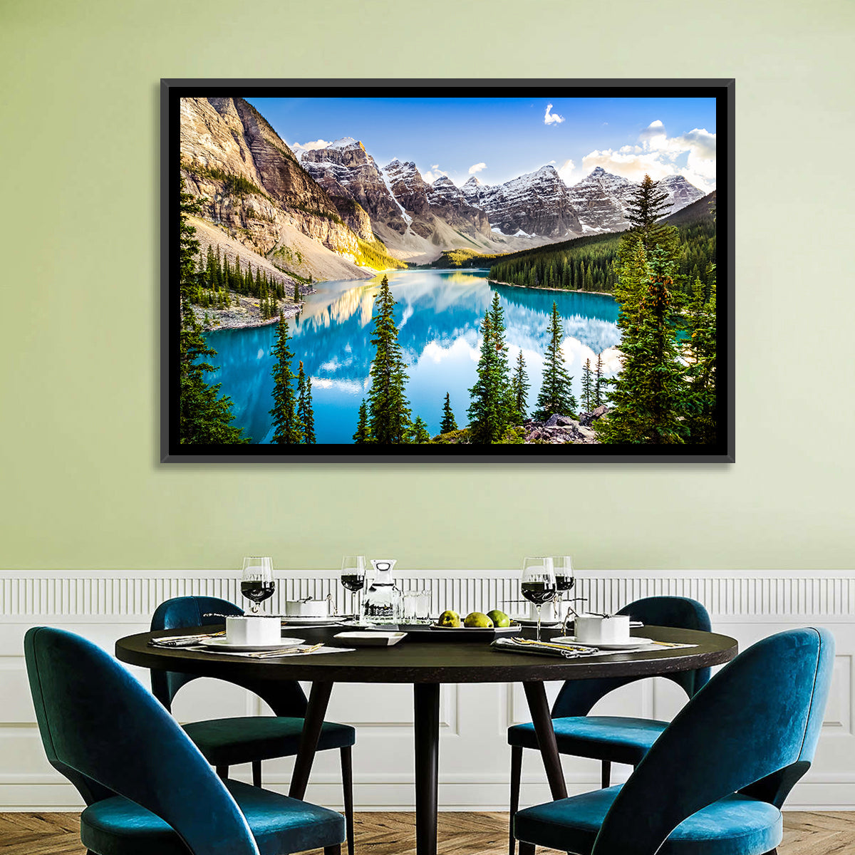 Moraine Lake Reflections Wall Art in a room, landscape