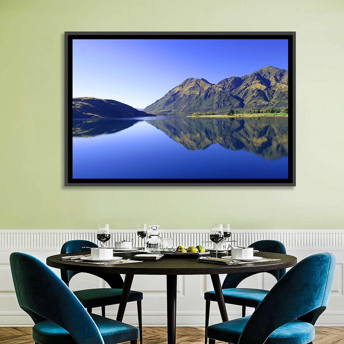 Lake Hawea Mirror Reflection Wall Art in a room, landscape