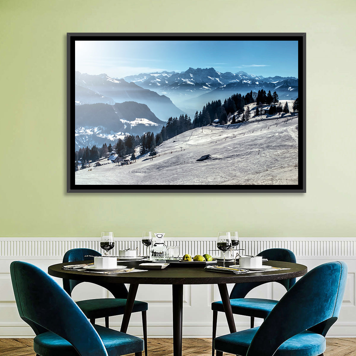 Sunlit Alpine Ski Slope Wall Art in a room, landscape