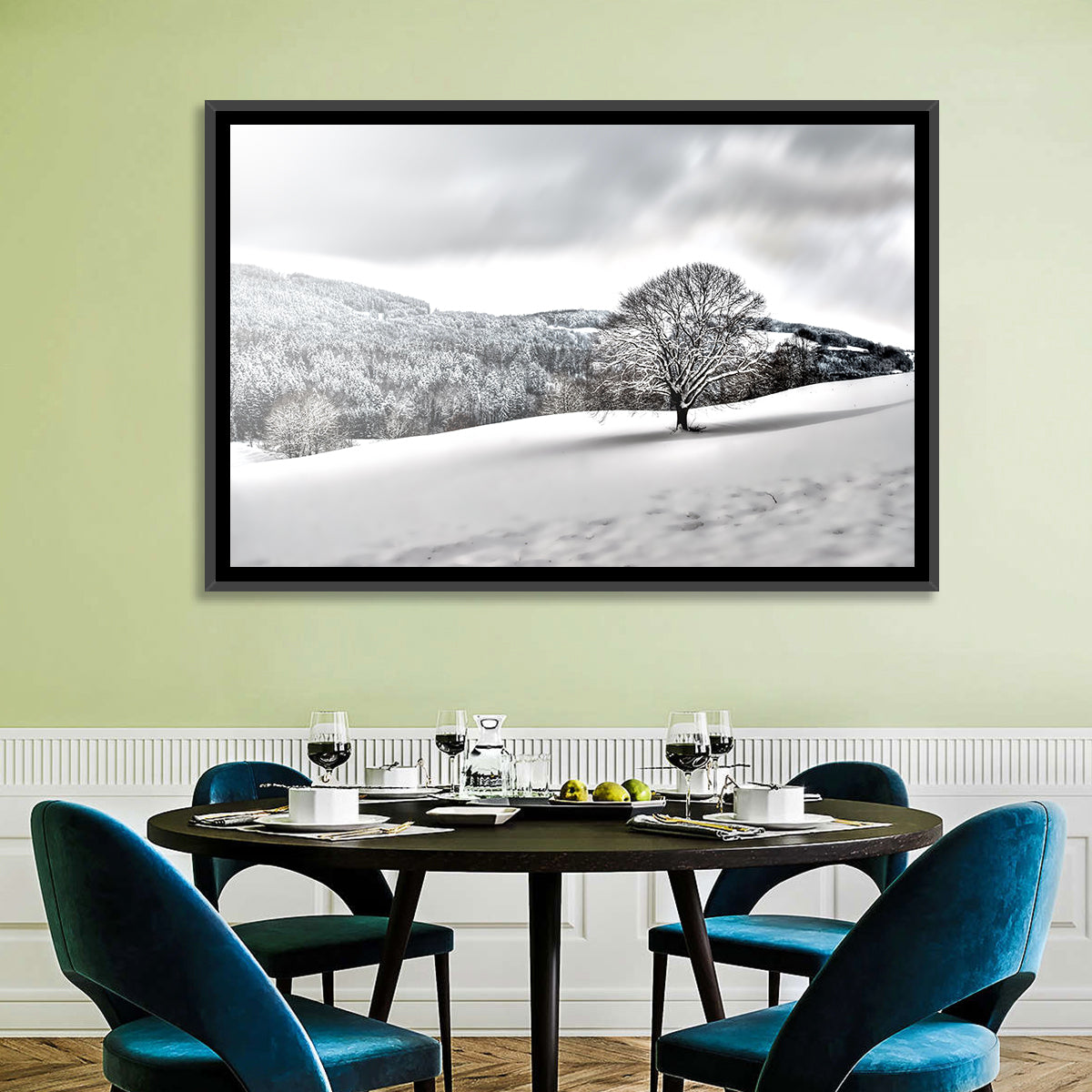 Solitary Snowy Tree Landscape Wall Art in a room, landscape