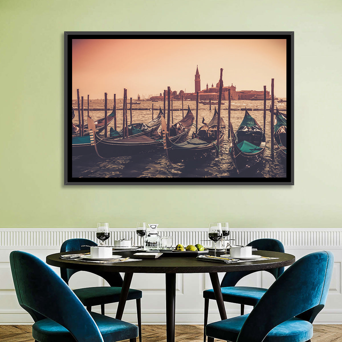 Venetian Gondolas at Dusk Wall Art in a room, landscape