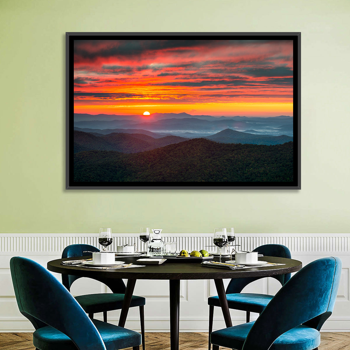 Blue Ridge Sunrise Over Misty Ridges Wall Art in a room, landscape