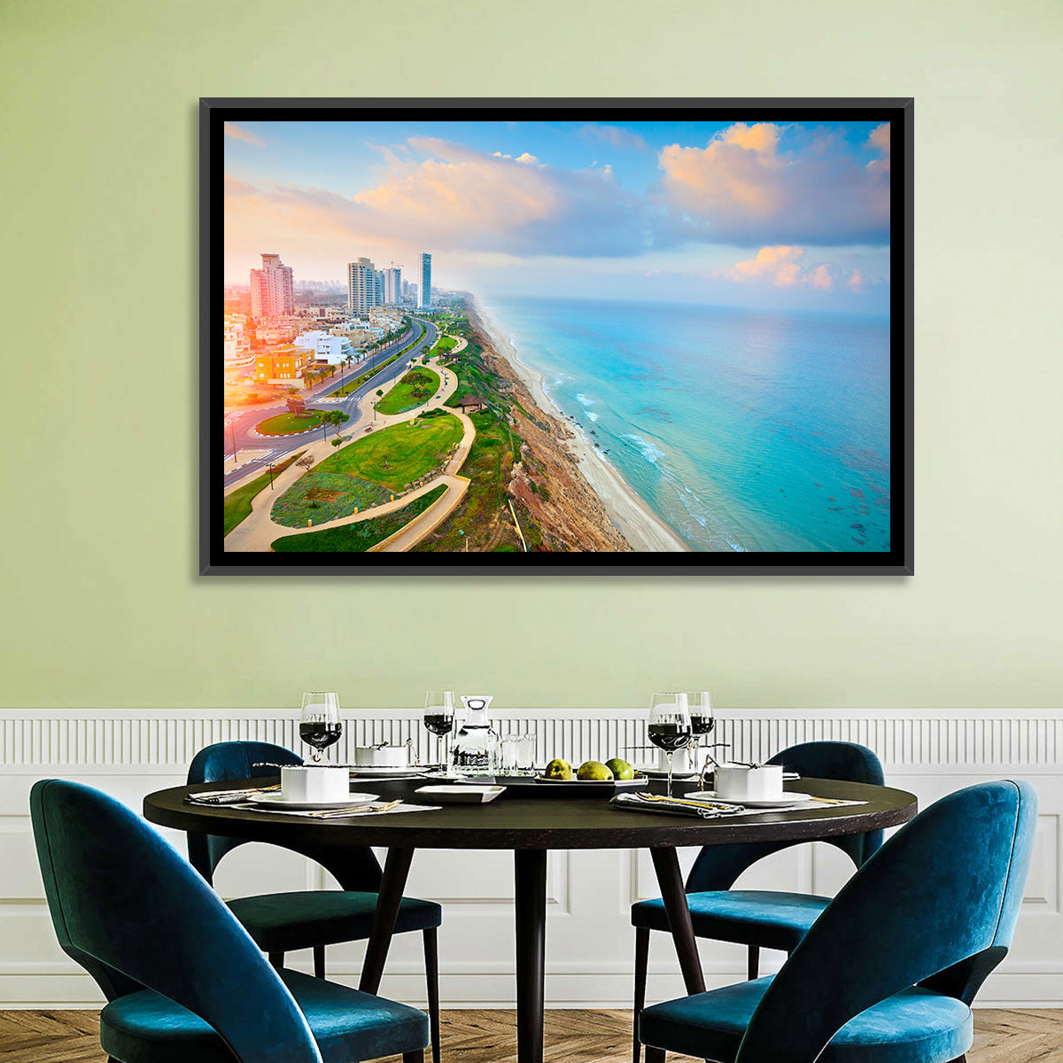 Netanya Coastline at Golden Hour Wall Art in a room, landscape