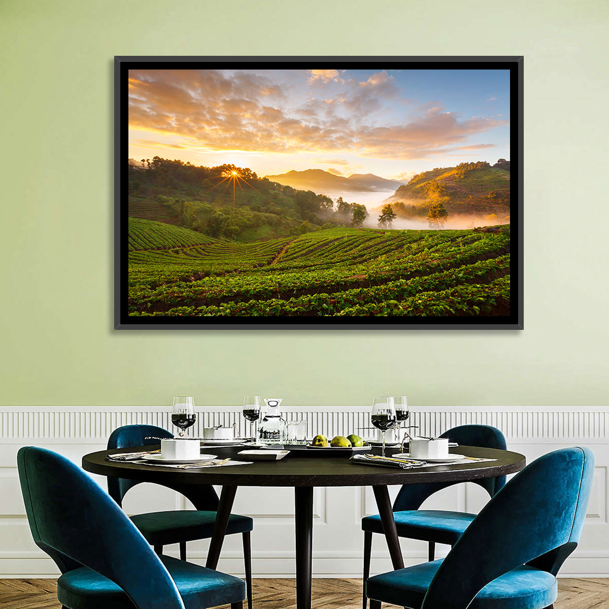 Strawberry Fields Sunrise Wall Art in a room, landscape