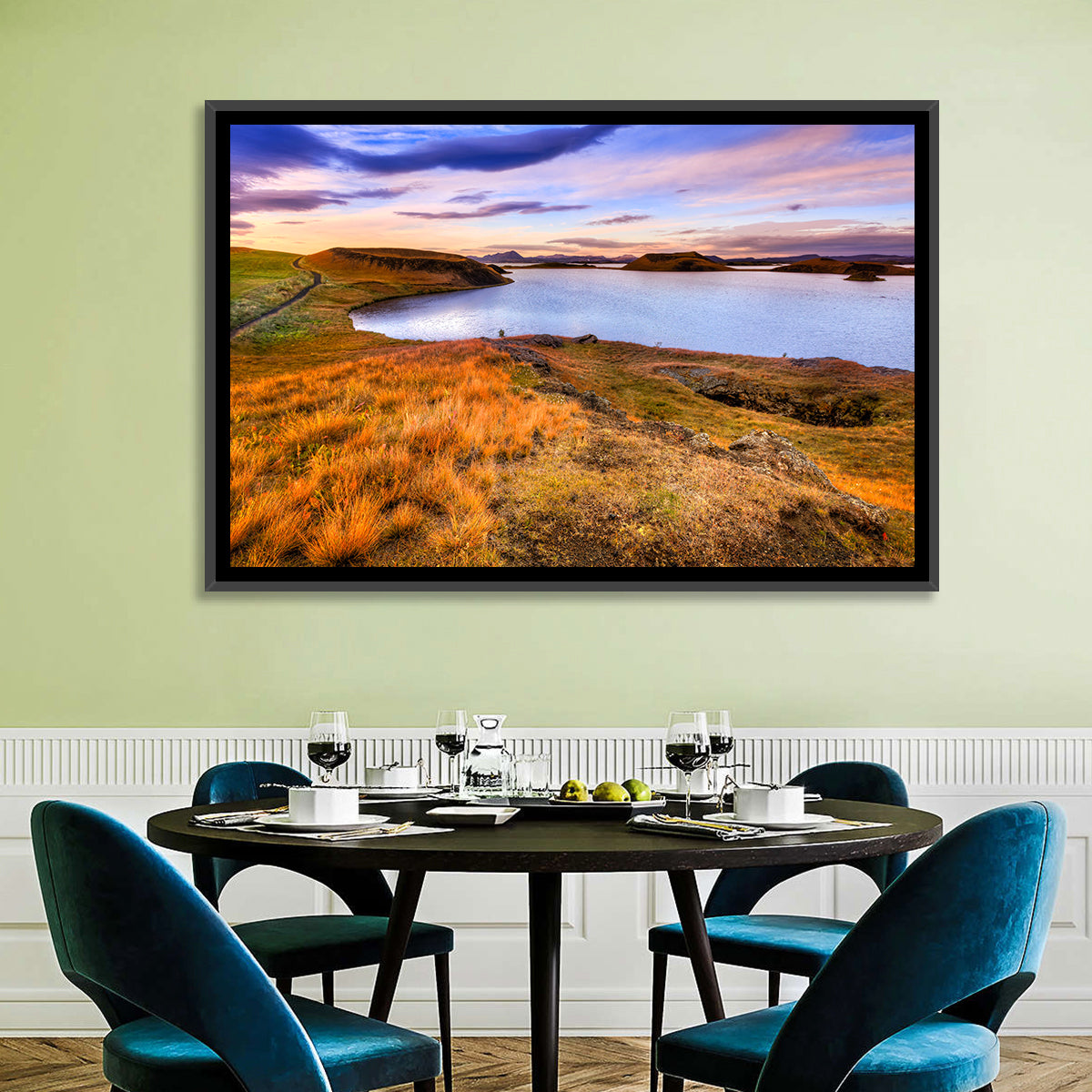 Sunset Over Lake Myvatn Wall Art in a room, landscape